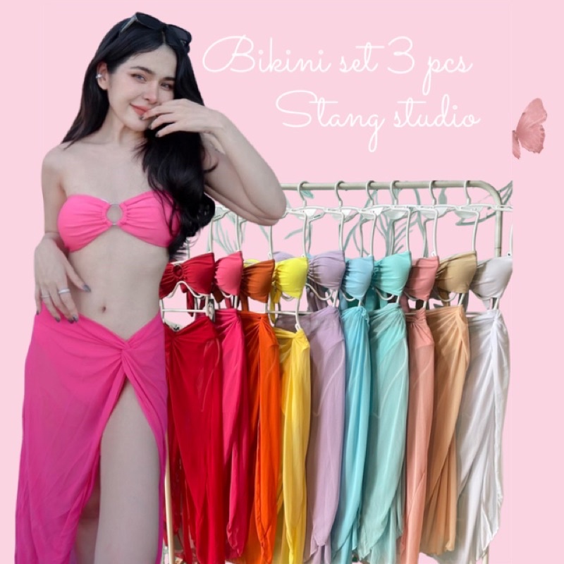 A1306 ชุดว่ายน้ำ 3ชิ้นเดินชาหาด บราแต่งห่วงผูกหลัง +บราล่างมีซับในหน้าหลัง+กระโปรงซีทรูทรงแวกข้าง lพร้อมส่งในไทย