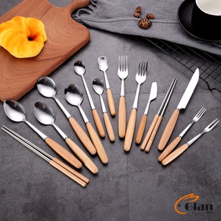 Glanxuan ชุด มีด ช้อน ส้อม ตะเกียบ วัสดุสแตนเลสและไม้ ช้อนส้อมด้ามไม้ Stainless steel cutlery