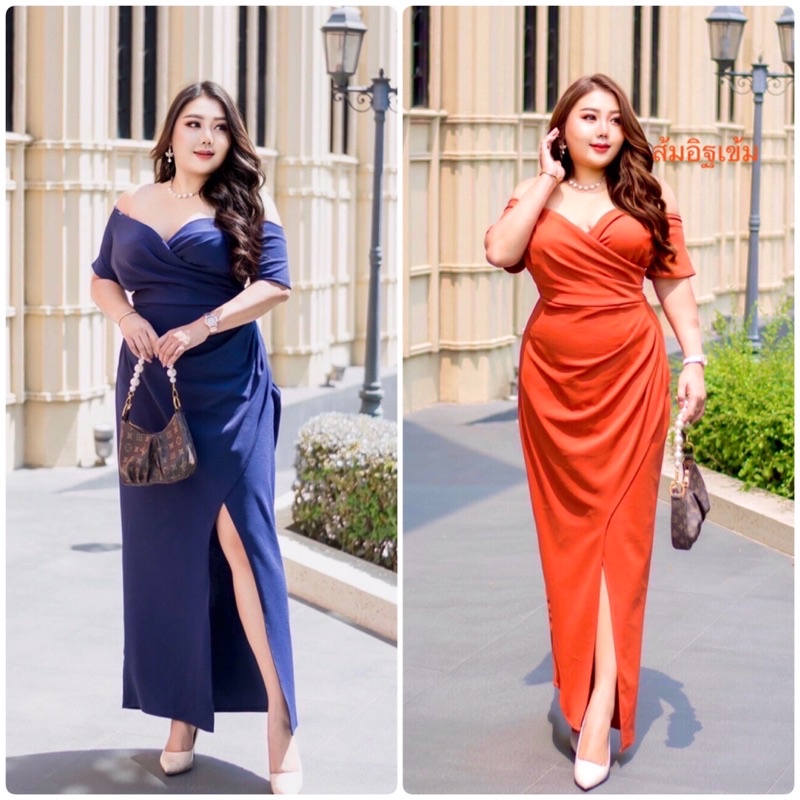ชุดเดรสสาวอวบออกงาน ชุดเดรสคนอ้วน ผ้าวูลเวฟ ใส่ไปงานเลี้ยง ผ่าข้าง FREE SIZE t1