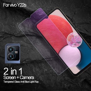 2-in-1 กระจกนิรภัยกันรอยหน้าจอ ป้องกันแสงสีฟ้า สําหรับ Vivo Y22s Y21T Y12s Y01 Y12A Y15s Y15A Y73 Y33s Y76 Y52 5G