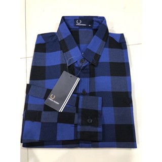 Fredperryแขนยาวลายสก๊อตสีน้ำเงินดำอย่างเท่ห์ผ้าดีสุดๆ