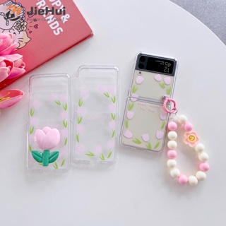 Jiehui เคสโทรศัพท์มือถือ PC แบบแข็ง ลายดอกทิวลิป สีชมพู พร้อมขาตั้ง สําหรับ Samsung Z Flip4 Z Flip3