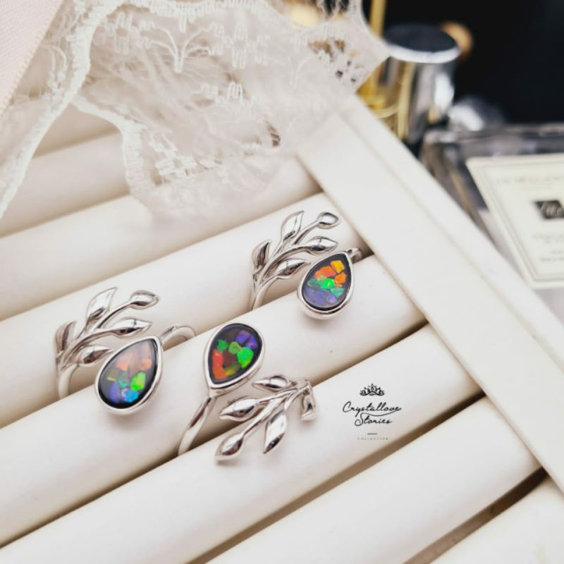 อัญมณี Ammolite Rings Rainbow Splice ปรับ 925 Pure Silver 天然顶级 彩合