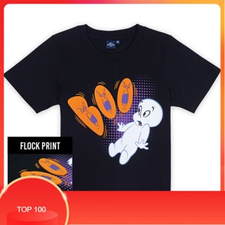 เสื้อยืด ผู้ชาย สี ขาวคอกลมUniversal Studios Boy Casper The Friendly Ghost Boo! Flock Print Halloween T-Shirt - เสื้อเด็