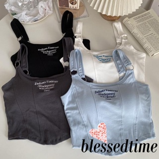 Blessedtime- เสื้อสายเดี่ยว แขนกุด ปักลายตัวอักษร ทรงไม่สมมาตร แฟชั่นฤดูร้อน สําหรับผู้หญิง ใส่ไปคลับ ปาร์ตี้