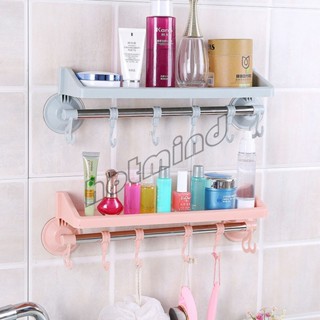 HotMind ชั้นวางของ"มีราวตะขอแขวนอเนกประสงค์ "ถ้วยดูดยึดผนัง ไม่ต้องเจาะ Suction cup hook rack