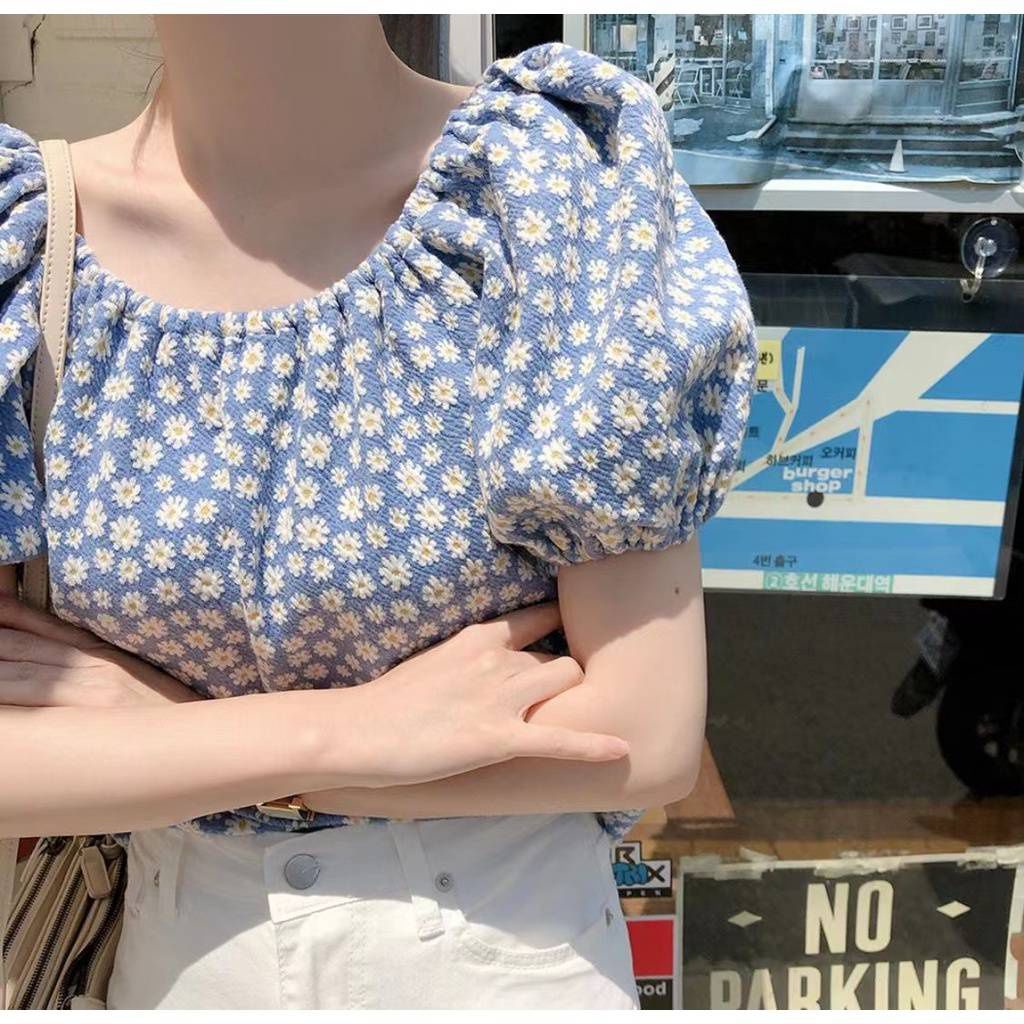 🌼 เสื้อเชิ้ต แขนตุ๊กตา ลายดอกเดซี่สีฟ้า สวย สดใส เปลี่ยนทรงเป็นปาดไหล่ก็น่ารัก 🌼 #7771