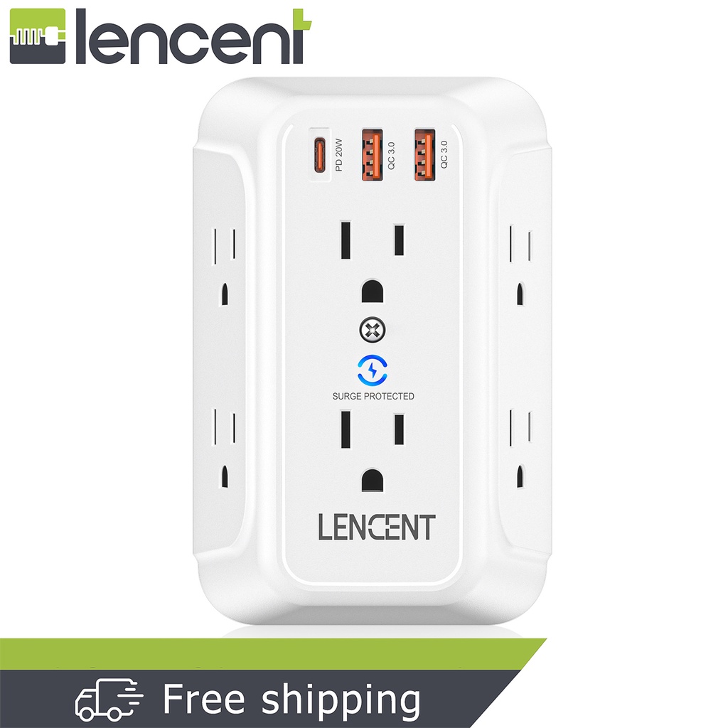 Lencent 20W PD QC3.0 USB Wall Charger, Surge Protector 6 Outlets 2 พอร์ต USB-A, 1 พอร์ต Type-C 1728J Power Strip Multi Plug,3 ด้านกว้าง Spaced อะแดปเตอร์หลาย Extender Expander,