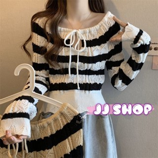 JJ shop 💜พร้อมส่ง เสื้อแขนยาว ไหมพรมลายทางใส่ได้ 2แบบเก๋ๆ ผ้านิ่มเรียบหรู "1682" -C
