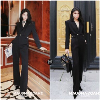 พร้อมส่ง😎 Jumpsuit ดำคอปกขายาว+เข็มกลัดทอง 😎maximal