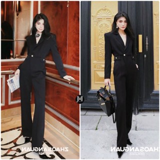 พร้อมส่ง😎 Jumpsuit ดำคอปกขายาว+เข็มกลัดทอง 😎maximal