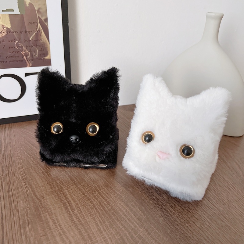 Plush Hairy 3D น่ารักสีชมพูสีดําสีขาวแมวกันกระแทกกรณีพลิกสําหรับ Samsung Galaxy Z Flip 6 5 4 3 Flip3 Flip4 Flip5 Flip6 ฝาครอบโทรศัพท์ปลอก