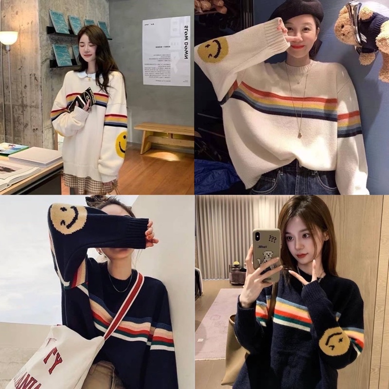 Dzaishop เสื้อสเวตเตอร์สไตล์เกาหลี ลายสายรุ้งสไมลีย์ น่ารักมาก
