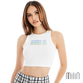 [MILIN] Work It Tank Top Cropped tank tee with logo print crystals เสื้อกล้ามผ้ายืดทรงครอปท็อปประดับคริสตัล