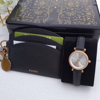 (ผ่อน0%) นาฬิกา พวงกุญแจใส่บัตร Fossil ES5180SET Carlie Three-Hand Black Eco Leather Watch หน้าปัด 28มม. สายหนังสีดำ