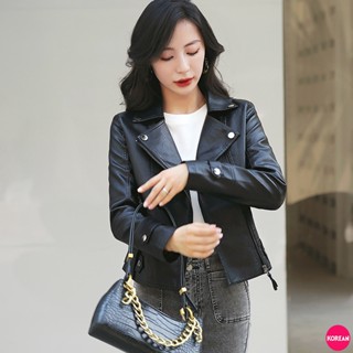 🎀Korean Fashion🎀เสื้อแจ็คเก็ตหนังสีดำเงาซิปเงิน ทรงตัวสั้นรุ่นใหม่