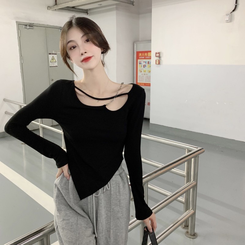 เสื้อยืดเกาหลี เสื้อครอปแขนยาว เสื้อครอปสายฝอ