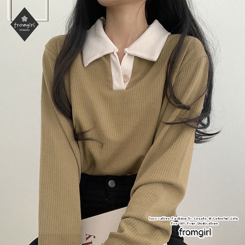 เสื้อเชิ้ตแขนยาว คอโปโล แบบบาง สไตล์เกาหลี แฟชั่นฤดูใบไม้ร่วง สําหรับผู้หญิง 2022