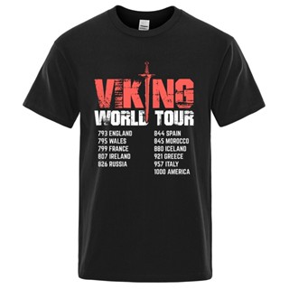 เสื้อยืดคอกลม ผ้าฝ้าย ทรงหลวม พิมพ์ลายตัวอักษร Viking World Tour สไตล์ฮิปฮอป ฮาราจูกุ แฟชั่นสําหรับผู้ชายS-5XL