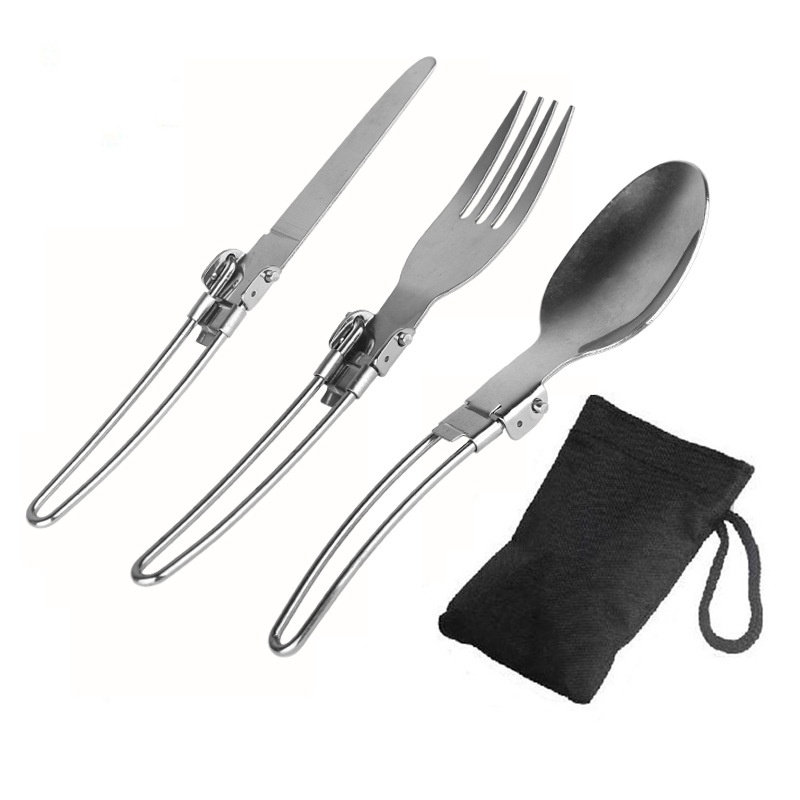 💥พร้อมส่ง💥Camping outdoor กลางแจ้ง แบบพกพา สแตนเลส พับได้ ช้อน ส้อม มีด ชุดช้อนส้อม 3PCS/SET