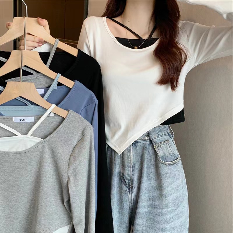 เสื้อยืดแขนยาวสำหรับผู้หญิง เสื้อยืดแต่งทรงสองชั้นสีตัดกัน ทรงสวยแบบสไตล์เกาหลี4266