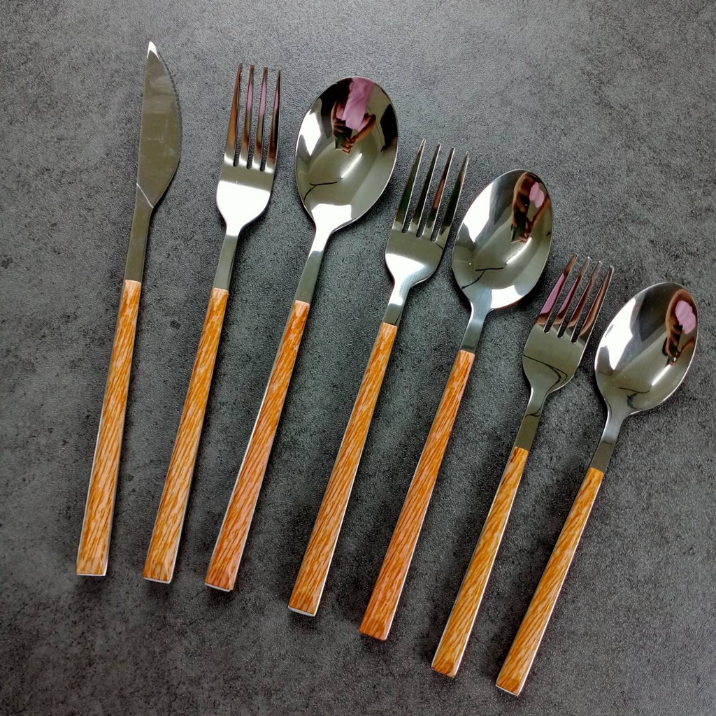 KITCHENWARE_NUMBER1 ช้อนส้อม ด้ามไม้ / มีด สีน้ำตาลอ่อน ลวดลาย สวยงาม พร้อมจัดส่งสุดๆ