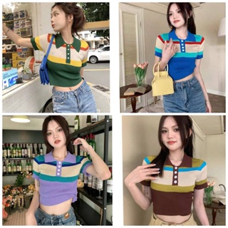 🌟KFC🌟🥨เสื้อไหมพรม คอปกแขนสั้น สีสันสดใส น่ารัก เกาหลี แต่งกระดุมกระได้ 4สีพร้อมส่ง 🥨 #A21