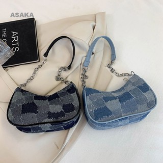 ASAKA Vintage Women Shoulder Underarm Bag Plaid Pattern Printing Denim Small Shoulder Bag Purse Ladies Chain Leisure Handbags