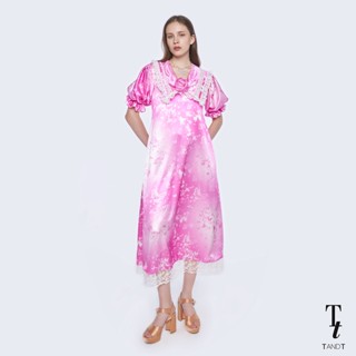 TandT - "POSEY" Butterfly Printed Chelsea Collar Puff Sleeve Maxi Dress เดรสยาวทรงบาน แขนสั้นทรงพอง คอปกใหญ่ตกแต่งกุหลาบ