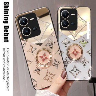 Vivo V25 V25E V25Pro Pro 5G เคส สี่ใบโคลเวอร์ พลอยเทียม แข็ง กระจกนิรภัย เคสโทรศัพท์