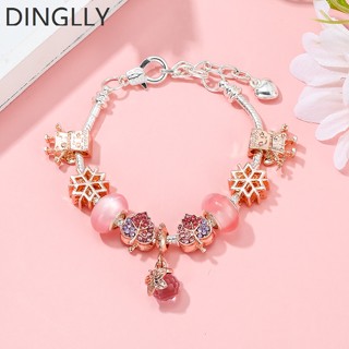 Dinglly โรสโกลด์ เกล็ดหิมะ ใบไม้ ลูกปัดคริสตัล บอล เสน่ห์ สร้อยข้อมือ สําหรับผู้หญิง ของแท้ ดอกไม้ นางฟ้า ลูกปัด กุ้งก้ามกราม เข็มกลัด กําไล