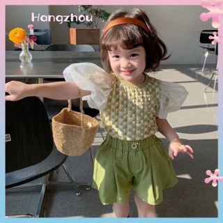 Girls short-sleeved T-shirt 2022 summer new childrens Korean Style Bubble Sleeve Top Childrens bottoming girls lace T-shirt