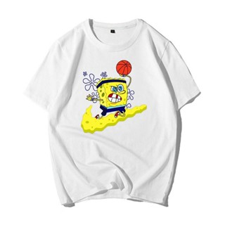 ใหม่ SpongeBob SquarePants ฮ่องกงสไตล์พิมพ์เสื้อยืดแขนสั้นผู้ชายและผู้หญิงส่ง star บาสเกตบอล hip-hop หลวมกีฬาคู่เสื้อผ้า