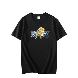 SpongeBob SquarePants ร่วมแบรนด์ One Piece Beechburg Navy สามนายพลพิมพ์เสื้อยืดแนวโน้มฤดูร้อนแขนสั้น