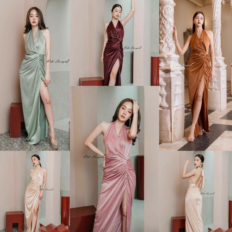 🏷Red Carpet เดรสคล้องคอสายผูกโบว์ ชุดราตรี เดรสซาติน ชุดออกงาน เพื่อนเจ้าสาว