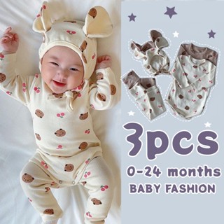 Newborn Baby Clothes Set Unisex Cherry Bear Pattern Long Sleeve Romper+pants+hat Baby Romper