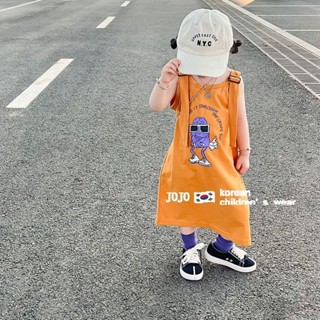 Onekid🚚เสื้อผ้าเด็กสไตล์เกาหลีชุดเดรสฤดูร้อนชุดเดรสสายเดี่ยวพิมพ์ลายการ์ตูนระดับไฮเอนด์กระโปรงยาวสาวน้อยแฟชั่น