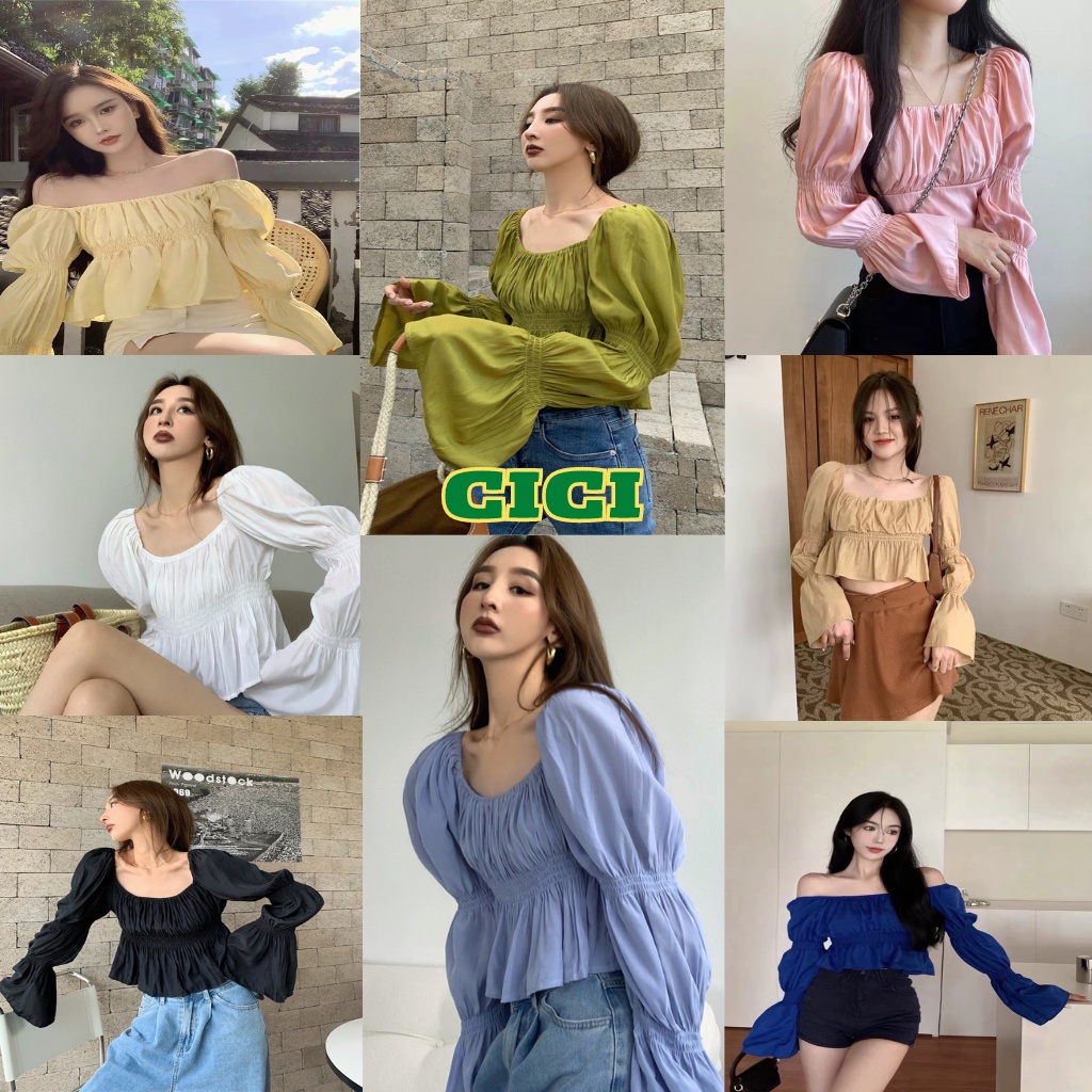 ส่งทันที Cici(NO. 1824)เสื้อคอเหลี่ยม สม็อคช่วงอก แต่งแขนสม็อค เนื้อผ้าใส่สบาย งานสวย