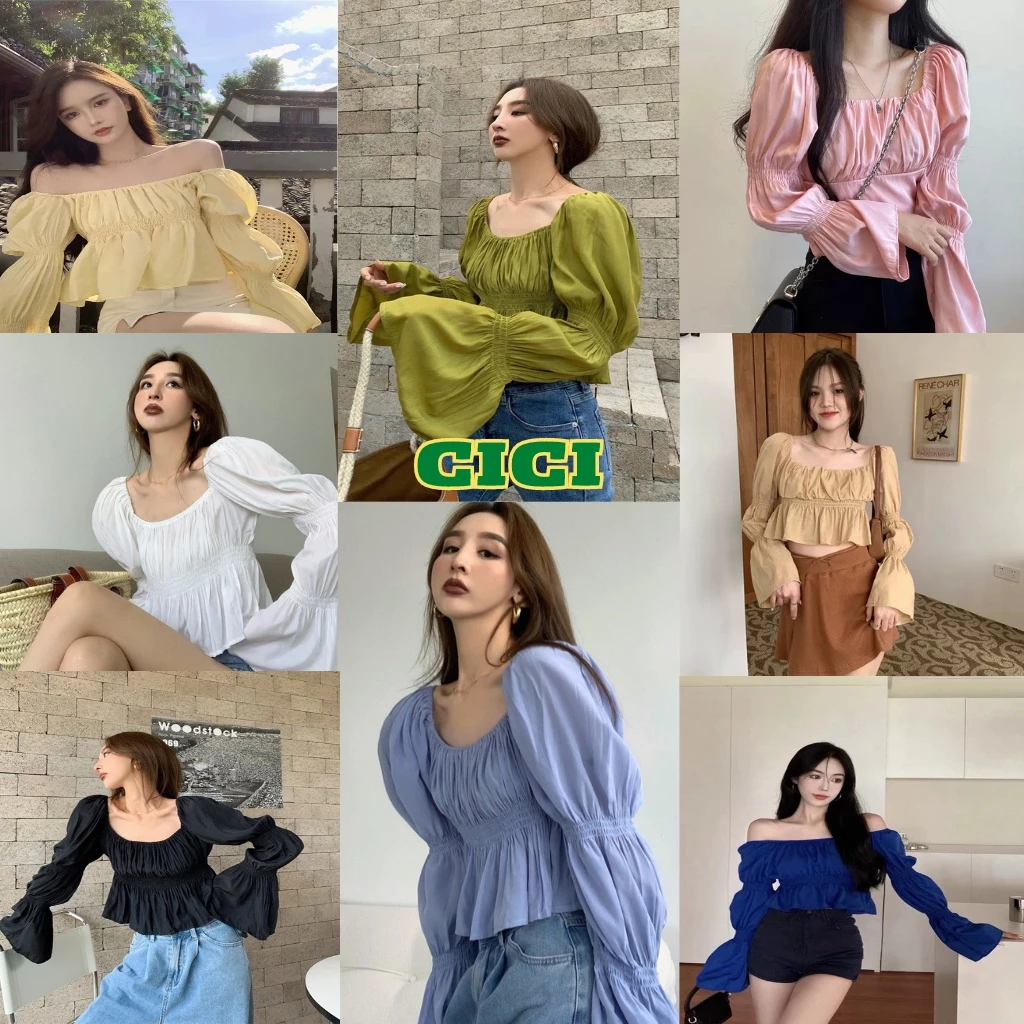 ส่งทันที Cici(NO. 1824)เสื้อคอเหลี่ยม สม็อคช่วงอก แต่งแขนสม็อค เนื้อผ้าใส่สบาย งานสวย