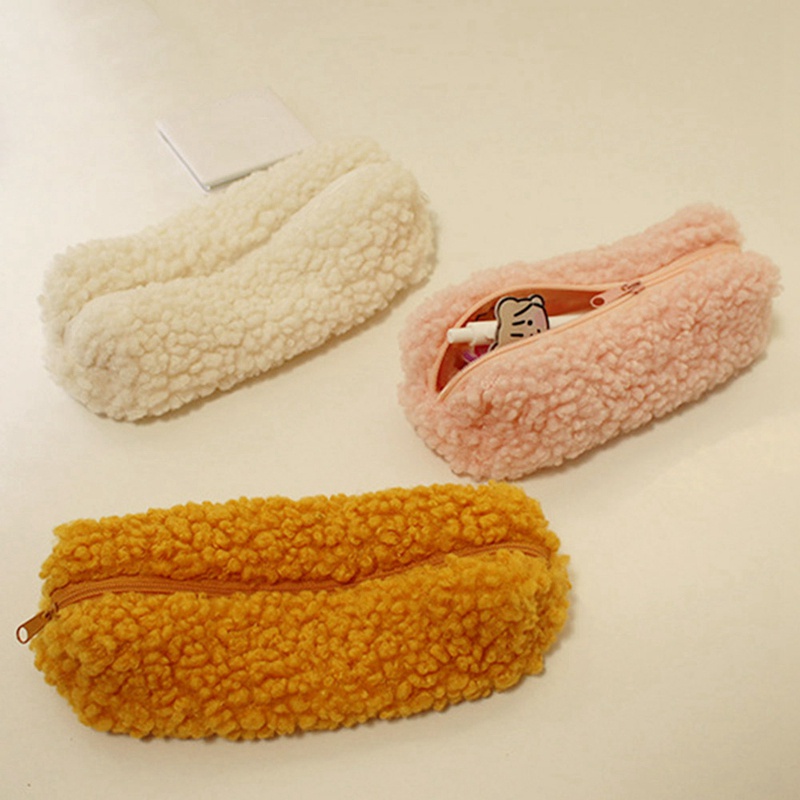 ในสต็อก-ดินสอปากกากระเป๋า Plush Kawaii ซิปกระเป๋าเครื่องสําอาง Make Up Organizer กระเป๋าโรงเรียนอุปกรณ์สํานักงาน (สีเบจ) - รูปที่ 3