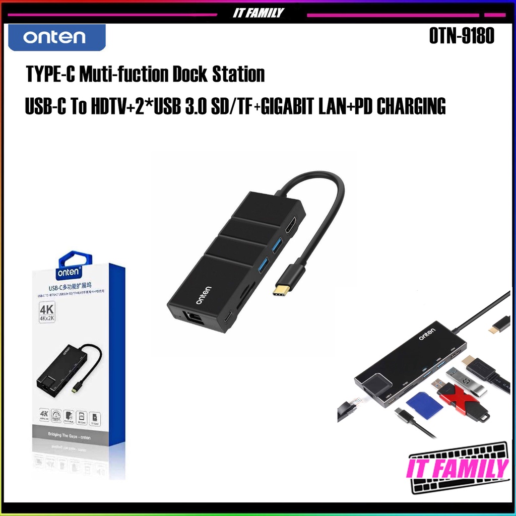 ONTEN Converter Type-C 7 in 1 (OTN-9180) USB-C To HDTV +2*USB 3.0 SD/TF+GIGABIT LAN+PD CHARGING