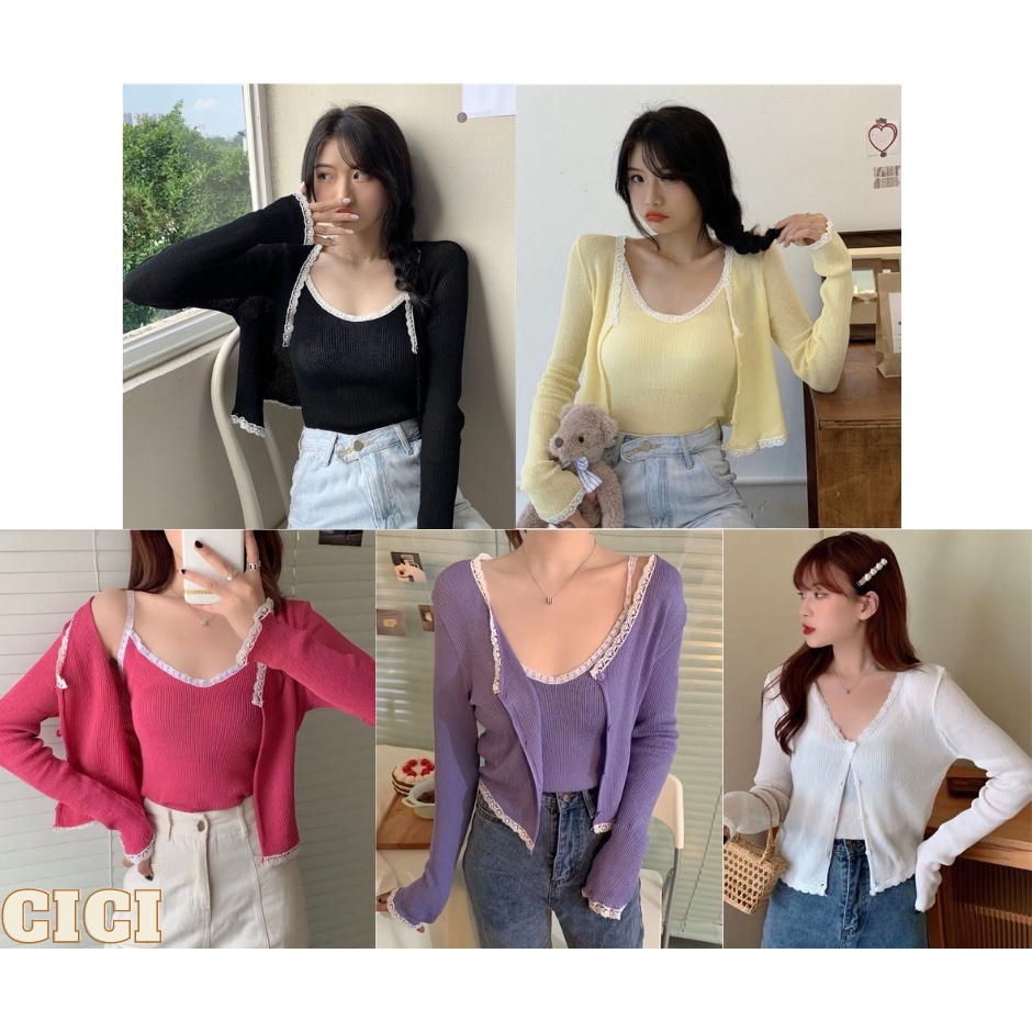 ส่งทันที Cici ❣🇹🇭🚚พร้อมส่ง❣(2768)Set เสื้อครอปแขนยาว+สายเดี่ยว ผ้าไหมพรมแต่งลูกไม้
