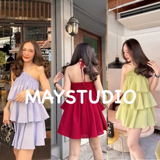 MAYSTUDIO เดรสสั้นแต่งระบายรอบตัว ช่วงอกตีเกล็ดจีบจีบเล็กๆ หลังสมอคหลัง