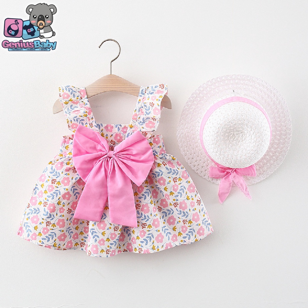 [ Genius Baby House ] 3m-3y Baby Girl Cotton Pink Clothing Dress & Hat C3517