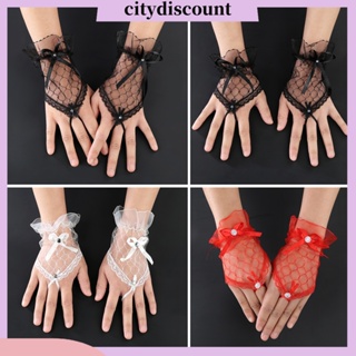 &lt;citydiscount&gt;  ถุงมือสั้น ผ้าลูกไม้ ประดับโบว์ เซ็กซี่ สําหรับเจ้าสาว งานราตรี งานแต่งงาน