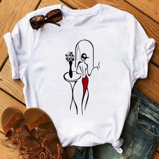 เสื้อสาวอวบ Nieuwe Vrouwelijke Lijn Art Tekening Tshirt Vrouwen Kawaii Grafische Gedrukte เสื้อยืด ฮาราจูกุ โคเรียอันเซ