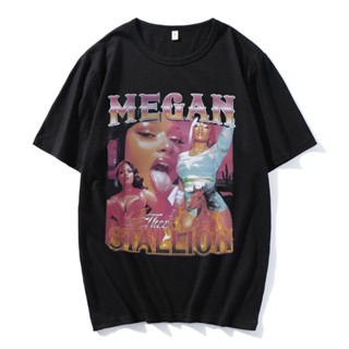 เสื้อยืดผู้ชาย ใหม่ เสื้อยืดแขนสั้น พิมพ์ลายกราฟฟิค Rap Singer Megan Thee Stallion สไตล์วินเทจ ฮาราจูกุ สําหรับผู้หญิง แ