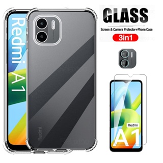 3in1 Transparent Case Phone Cover For Xiaomi Redmi A1 4G Tempered Glass Screen Protector For Redmia1 Camera Lens Protection Film