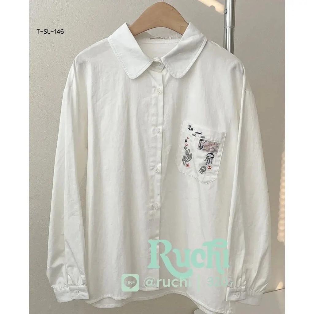 RUCHI- เสื้อขาวแขนยาวปัก jelly fish ผ้าคอตตอน เสื้อผ้าฝ้าย ปักลายตรงกระเป๋า ใส่สบาย น่ารักมาก :)