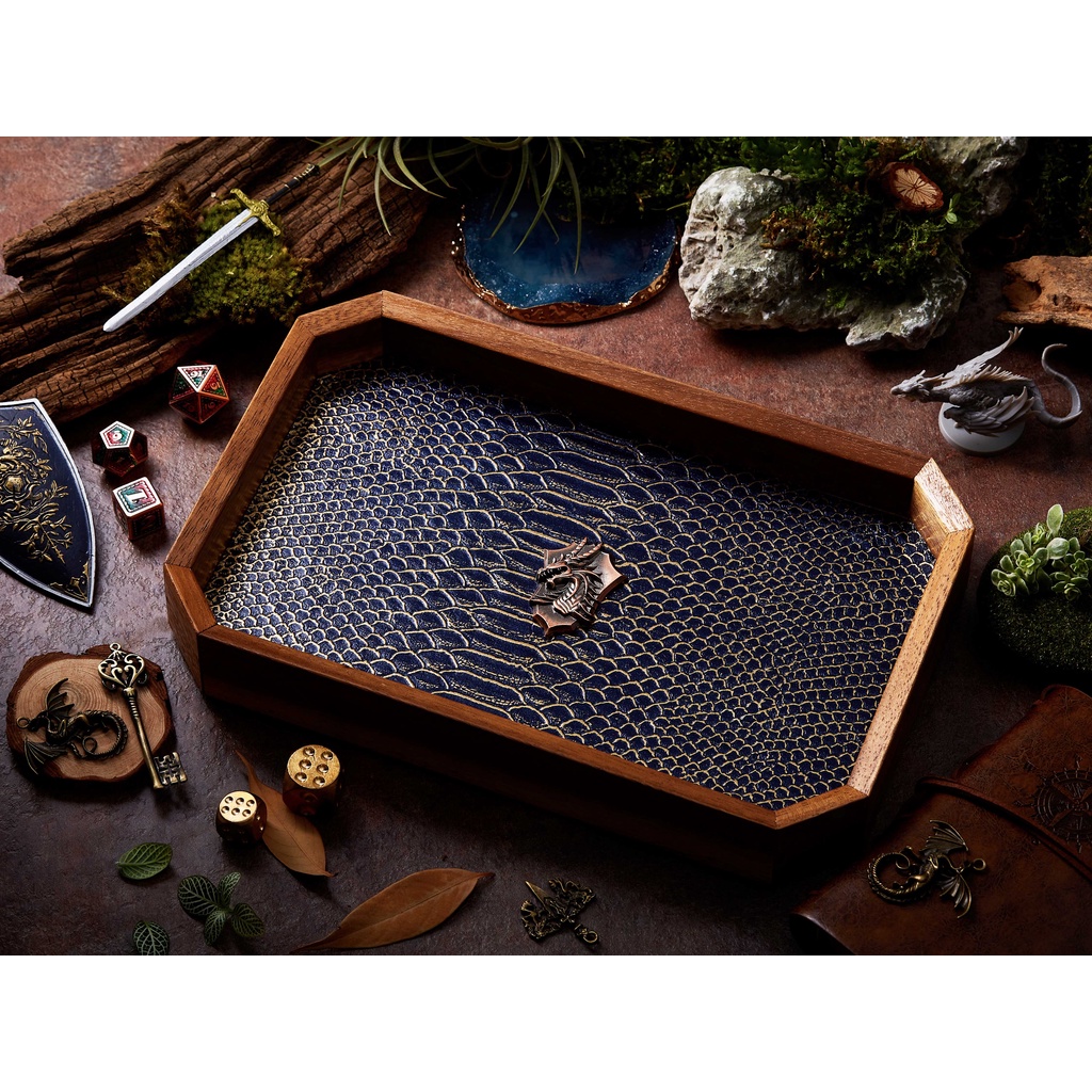 Dragon Shield Dice Tray | Dark Blue Gold Leather & Metal Shield Copper | Octagon Dice Tray | Faux Le